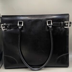 Franklin Covey Black Leather Tote Bag with Silver Buckles Briefcase Work Bag